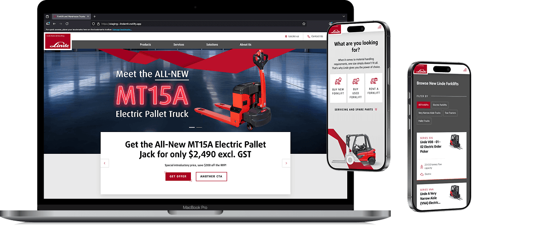 Screenshot of Linde Material Handling website on macbook and mobile devices