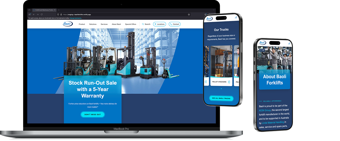Screenshot of Baoli Forklifts website on macbook and mobile devices